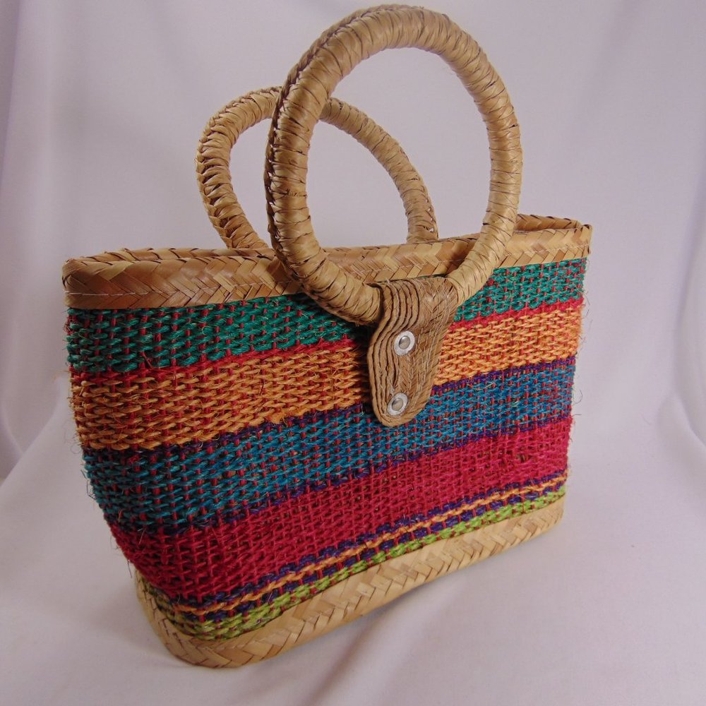 Retro Multi-Colored, Striped Pattern Woven Tote W… - image 1